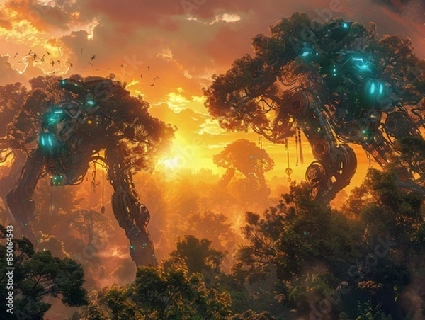 Fototapeta Wide-angle view of a vibrant fantasy forest infused with sleek