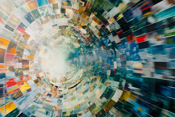 Fototapeta A dynamic spiral of photographs, creating a mesmerizing tunnel effect, symbolizing the endless journey through memories and moments captured in time