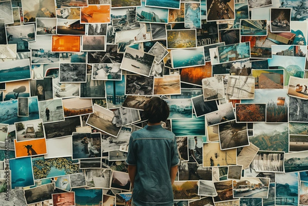 Fototapeta A person stands before a vast wall of photographs, representing a journey through memories, experiences, and the diverse stories captured in each image