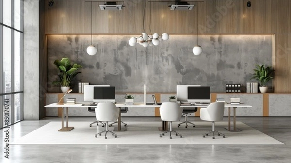 Fototapeta Modern office setup featuring a clean layout pattern.