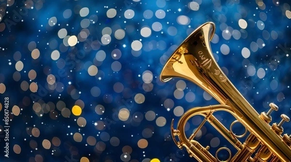 Obraz Trumpet: A golden trumpet stands against a deep blue background, with sparkling white stars scattered around it