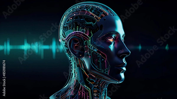 Fototapeta A futuristic artificial intelligence computer head with glowing lines and data