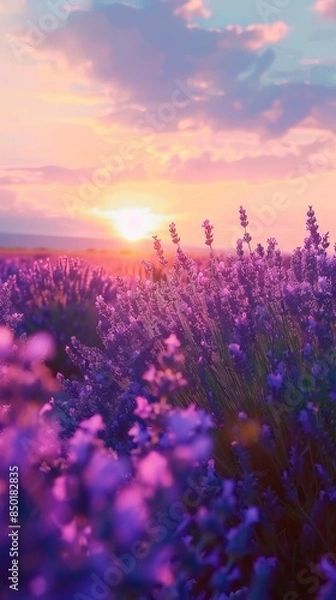 Fototapeta Blooming lavender in a field at sunset. Beautiful background