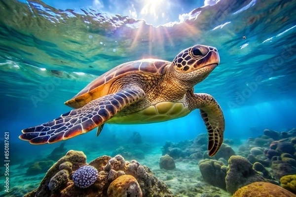 Fototapeta Green sea turtle swimming underwater in the ocean.AI GENERATED