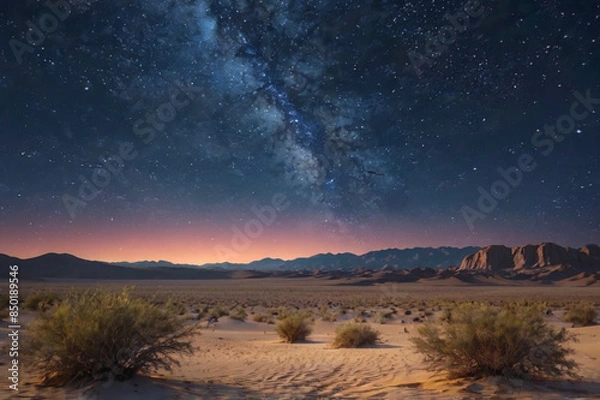 Fototapeta The background is a desert view at night accompanied by sparkling stars