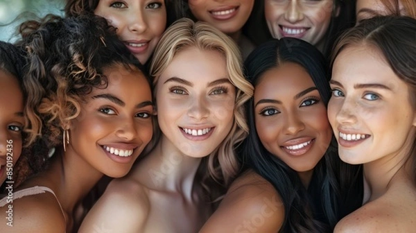 Fototapeta A group of women with different skin tones are smiling for the camera
