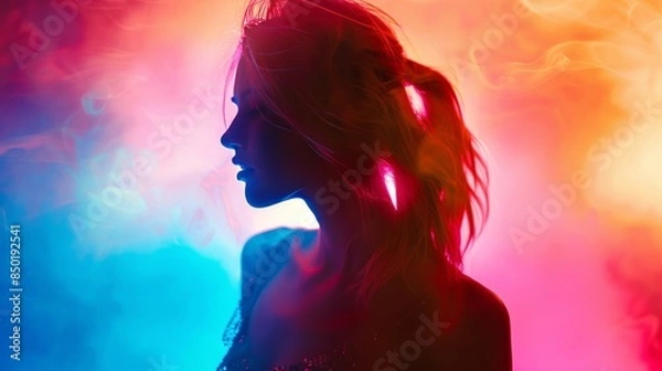 Fototapeta A woman's silhouette is shown against a colorful background, with smoke