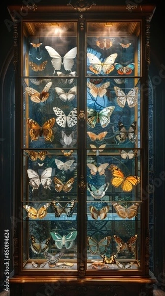 Fototapeta Vintage display cabinet with an exquisite collection of colorful butterflies arranged in various patterns under warm lighting.