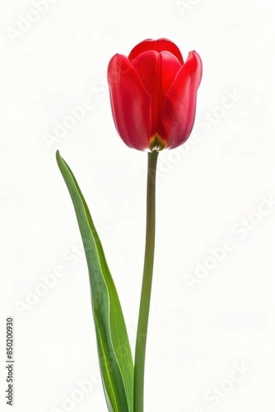 Fototapeta  A vibrant red tulip bloom set against a pristine white background