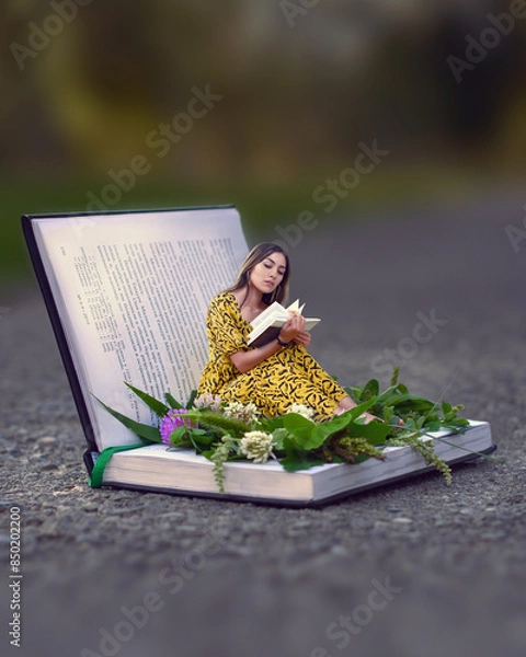 Fototapeta The Book of Life.  A Miniature World. A woman sits and reads a book in a world made of paper.