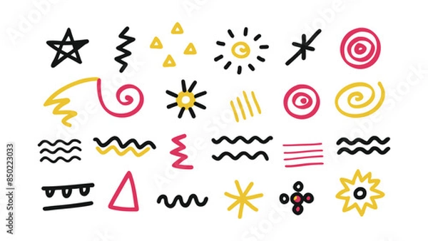 Obraz Collection of simple hand drawn elements. Sketch underlines, icons, emphasis, speech bubbles, arrows, spirals, triangles, circles, squares and other shapes.
