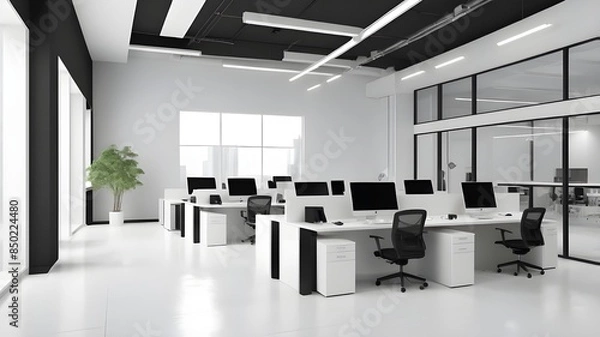 Obraz Modern white and black open space office interior
