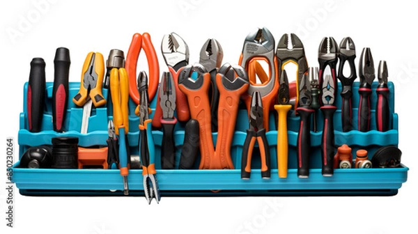 Obraz A Variety of Hand Tools Organized in a Blue Plastic Tray