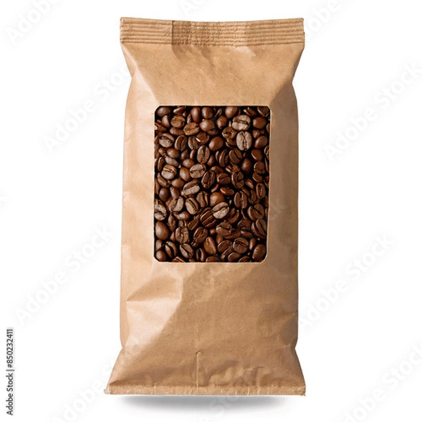 Fototapeta A brown paper pack filled with roasted coffee beans, featuring a transparent window, on a white background, png