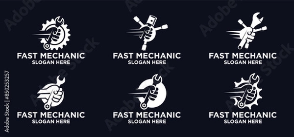 Fototapeta Mechanical technology logo, fast repair shop logo symbol, fast machine maintenance. piston spare parts
