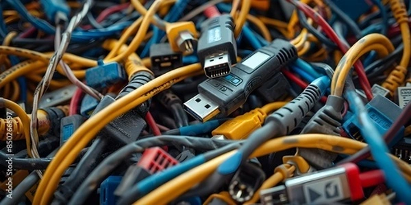 Fototapeta Pile of outdated charging cables and wires prepared for electronic recycling. Concept E-Waste Recycling, Outdated Technology, Sustainable Living, Green Practices, Electronic Waste