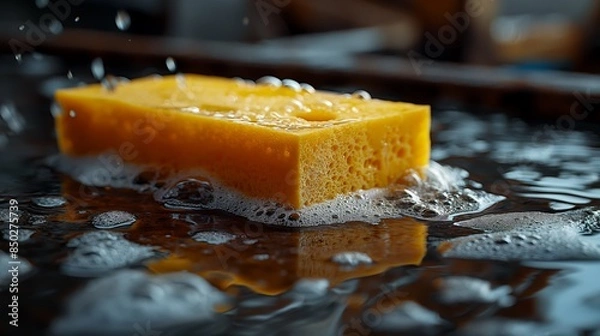 Fototapeta Yellow Sponge with Soap Bubbles. Close-up of a yellow sponge with soap bubbles, emphasizing car wash and cleaning activities.