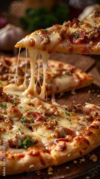 Fototapeta Close up Delicious Slice of fresh round pizza with mozzarella. vertical.