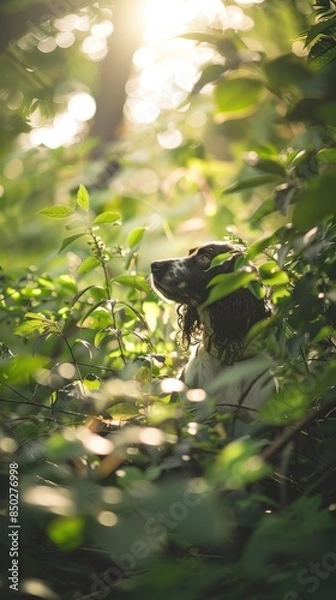 Fototapeta Curious English Springer Spaniel exploring the outdoors in spring