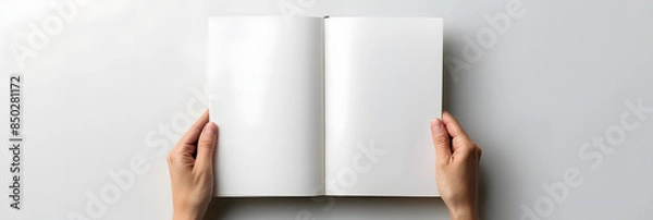 Obraz A5 open book mockup held by hands showcasing a blank page for design isolated on a white background providing copy space image