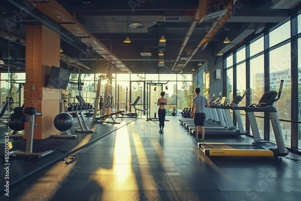 Fototapeta Group of People Running on Treadmills in Gym