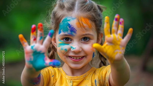 Obraz A cheerful young girl shows her painted hands and face with vibrant colors, embodying creativity and joy amidst a natural background