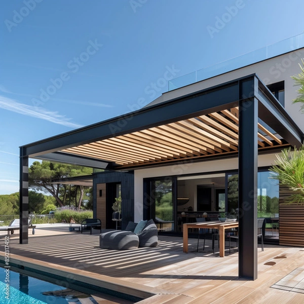 Obraz Projet de construction d'une véranda ou pergola bioclimatique pour une maison d'habiation moderne blanche