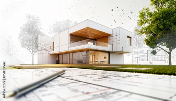Obraz Esquisse d'architecte d'un projet de construction d'une maison moderne d'habitation