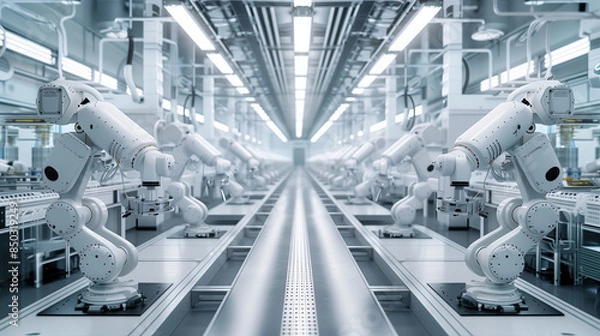 Fototapeta Futuristic Assembly Line with White Robots in Modern Factory