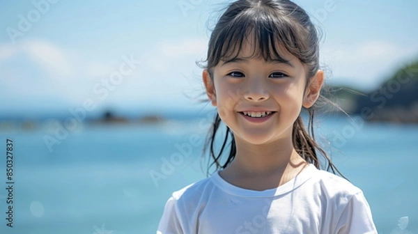 Fototapeta 海をバックに楽しそうにしている少女