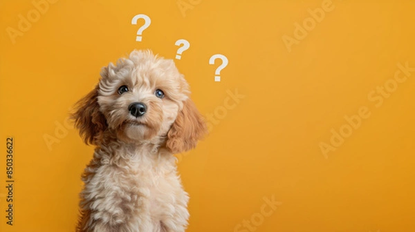 Fototapeta A curious puppy with a wavy, cream-colored coat, gazing upward. Three question marks float above the puppy's head against a plain yellow background. Copy space.