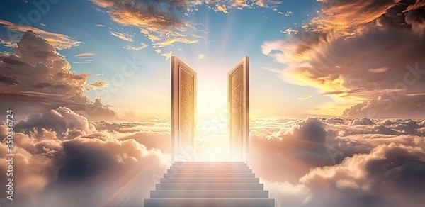 Obraz Illustration of a door to heaven above the clouds showing sunlight
