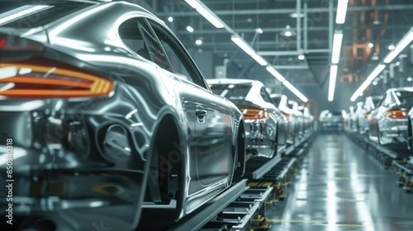 Fototapeta Photo of automobile production line. Welding car body. Modern car assembly plant. Auto industry. High-tech factory