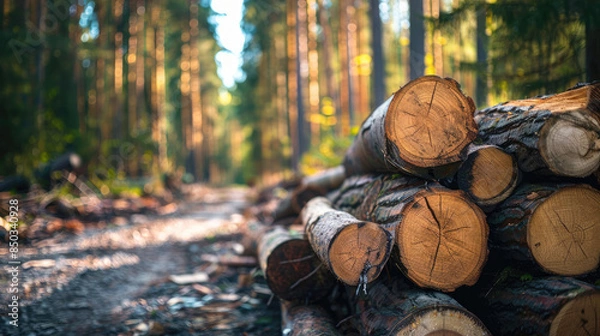 Fototapeta Stack of Cut Timber Logs in Forest