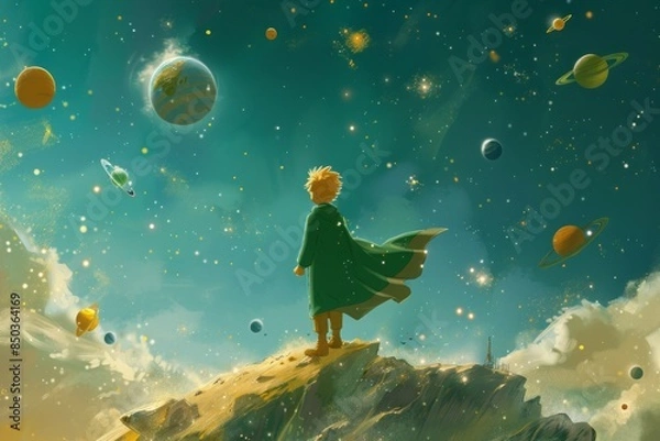 Fototapeta An imaginative depiction of the Little Prince surrounded by floating planets and stars, creating a sense of wonder