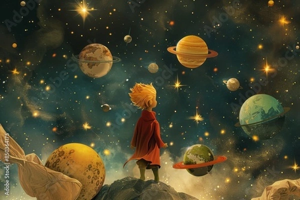 Obraz An imaginative depiction of the Little Prince surrounded by floating planets and stars, creating a sense of wonder 