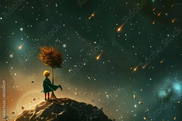 Fototapeta The Little Prince standing on a small planet with a single tree, looking up at a meteor shower