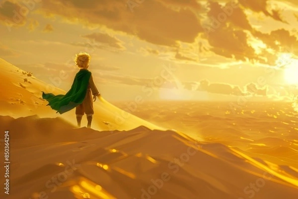 Obraz The Little Prince standing on a sand dune in a vast desert, with a golden sunset casting long shadows 