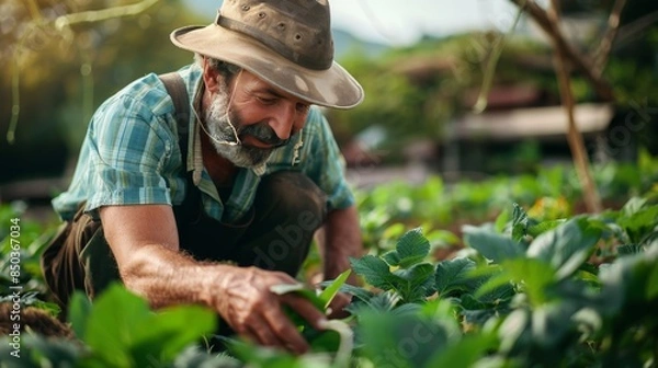 Fototapeta a farmer tending to his crops, showcasing the importance of sustainable agriculture and food security.