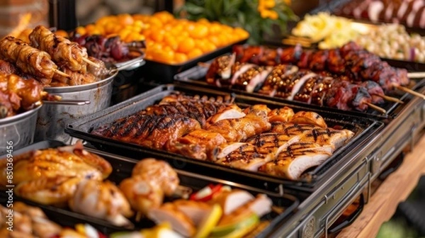 Fototapeta A barbecue buffet with a variety of grilled chicken parts, ribs, and sides on display