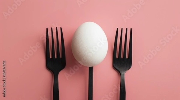 Fototapeta White egg on two black forks on pink surface