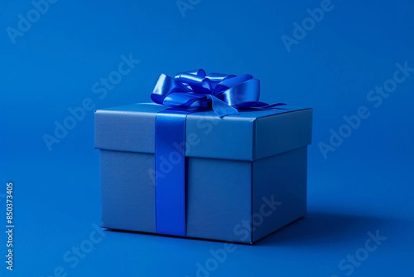 Obraz Realistic cobalt blue gift box on cobalt blue background, studio lighting, dof, blue overtones
