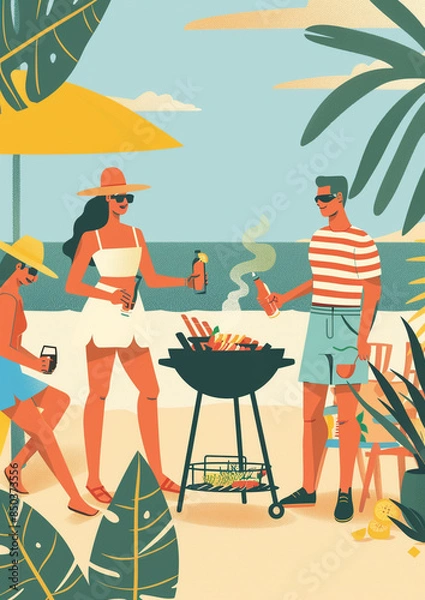 Fototapeta summer barbecue with friends and family, minimal vector illustration, 3 color combination, simple poster design