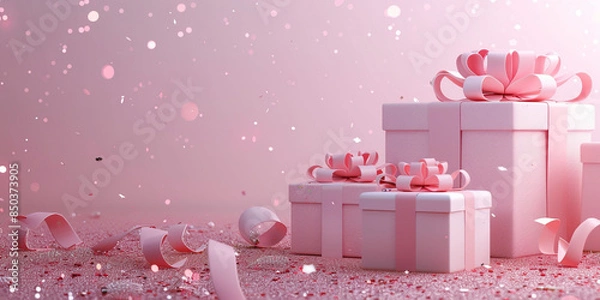 Fototapeta Wide view happiness 3D Gift boxs on pastel background with copyspace,ribbon