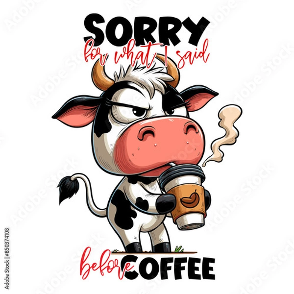 Fototapeta Funny cartoon cow with coffee and quote ''Sorry for what I said before coffee''. Vector illustration.