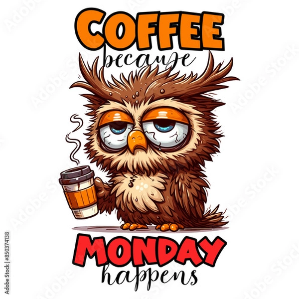 Fototapeta Funny owl with coffee cup and quote ''Coffee because Monday happens''. Vector illustration.