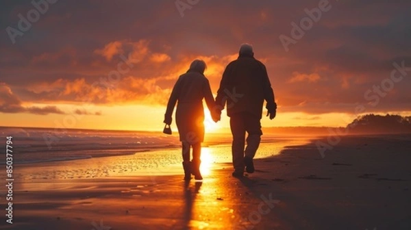 Fototapeta A happy elderly couple walking hand in hand on a beach at sunset, symbolizing love and longevity