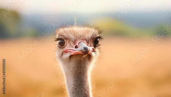 Fototapeta Curious ostrich with fluffy feathers in open field. Large wild bird. Wildlife and animals concept