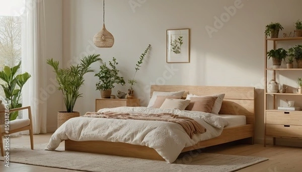 Obraz Modern minimalist bedroom .Modern minimalist bedroom with neutral colors and sleek furniture