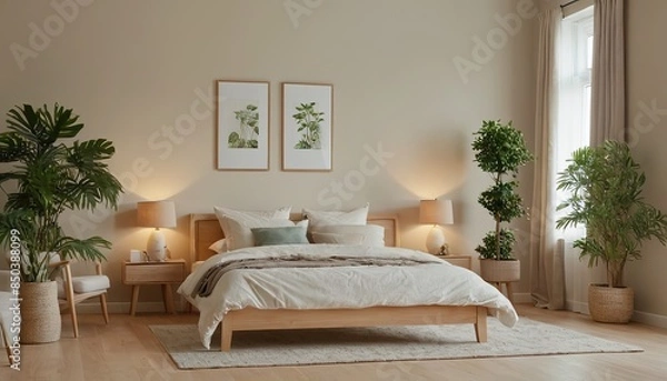 Obraz sleeping room, bed with parquet floor. Minimalist design of bedroom with coffee table, windows with city view, 3D rendering no people